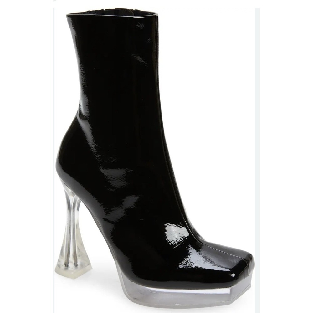 Patent Black Platform Ankle Boots with Clear Flared Heel